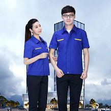 寶藍色滌棉拼色口袋細斜短袖工作服FY601